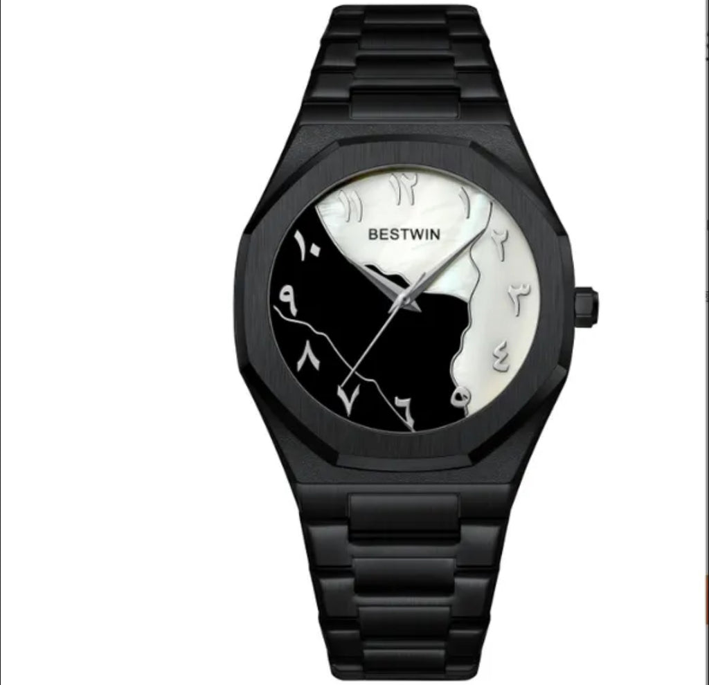Bestwin men's luxury business watch, Arabic-style dial, black stainless steel, 45mm, 30M water resistant